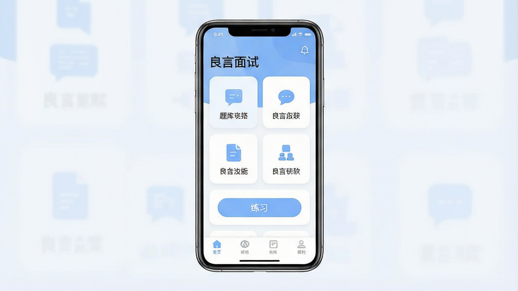 一张手机应用界面展示图,主体为居中放置的智能手机,屏幕内显示“良言面试”应用主界面,包含题库列表与练习按钮,布局为上下结构,上方为软件名称标题,中部为功能卡片,下方为底部导航栏,排版整齐对称,风格为清新简约的扁平化UI设计,细节包括柔和的蓝白配色、圆角卡片、清晰的功能图标,画质清晰干净,无多余元素