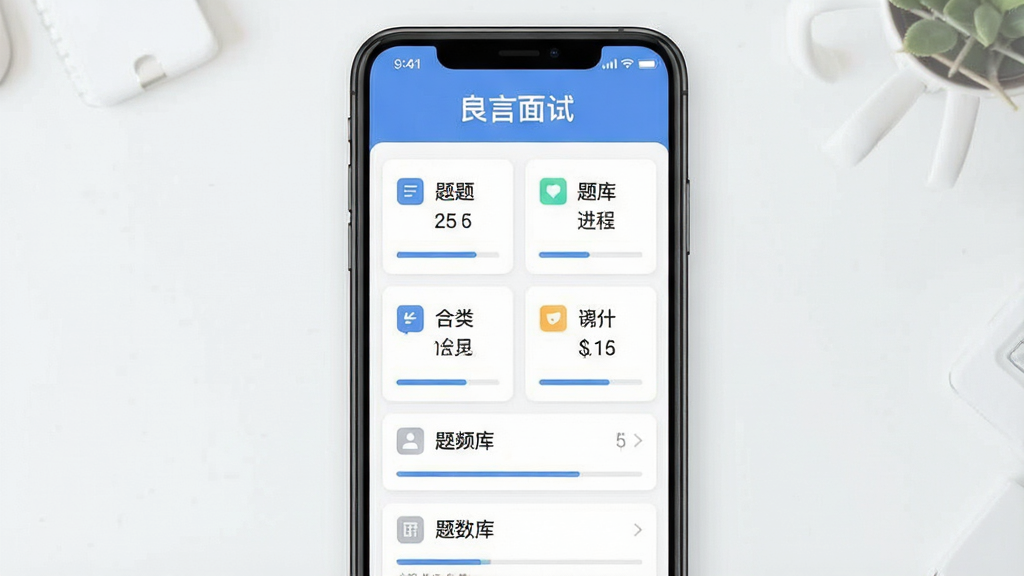 一张展示“良言面试”题库分类界面的图片,主体为手机屏幕中的分类列表,布局为纵向排列的模块卡片,上方为标题区域,中部为多个题库分类入口,排版为网格与列表结合,风格为清爽浅色系扁平设计,细节包括分类图标、题目数量标注、进度条元素,画质清晰干净,无多余元素