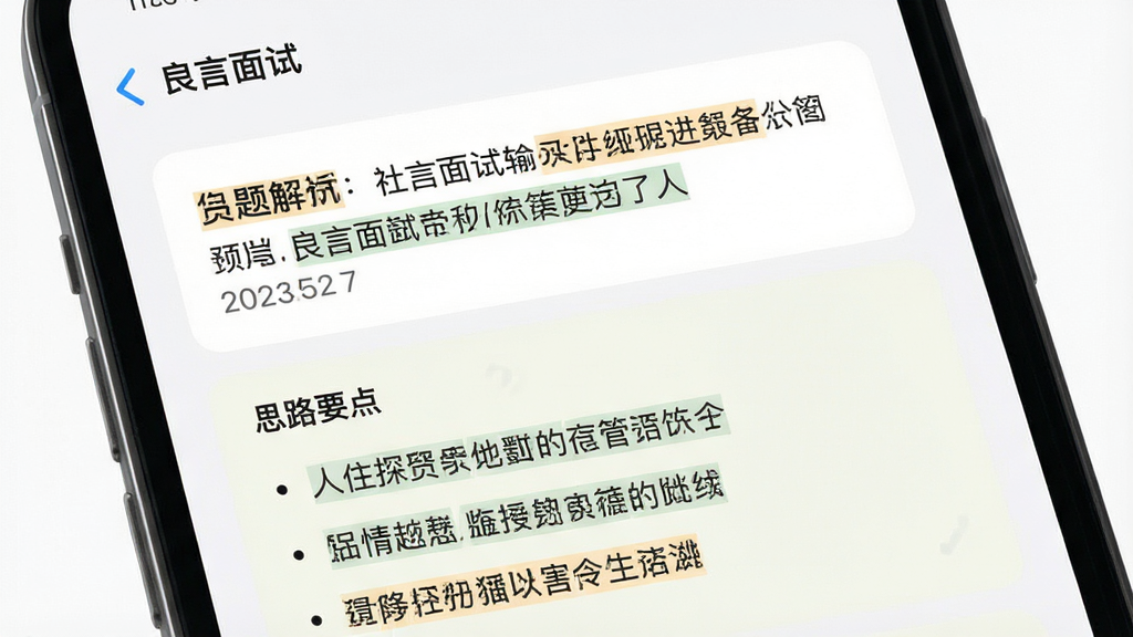 一张展示“良言面试”答题解析页面的图片,主体为手机界面中的文字解析卡片,布局为上下结构,上方为题目内容,下方为思路要点分条展示,排版清晰层次分明,风格为简洁阅读型设计,细节包括高亮关键词、分段标识、浅色背景卡片,画质清晰干净,无多余元素