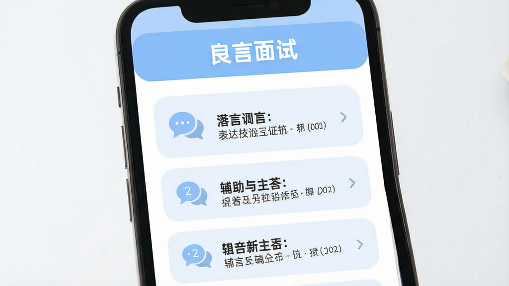 一张展示“良言面试”表达技巧辅助功能的图片,主体为手机屏幕中的技巧提示卡片,布局为上下结构,上方为标题栏,中部为技巧要点列表,排版整齐,风格为柔和圆角卡片设计,细节包括对话气泡图标、分步提示、浅蓝配色,画质清晰干净,无多余元素