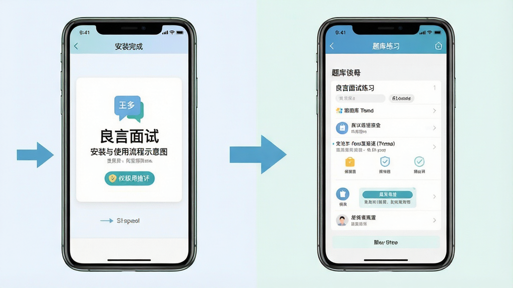 一张展示“良言面试”安装与使用流程的示意图,主体为手机安装界面与练习界面并排展示,布局为左右对比结构,左侧为安装完成提示,右侧为题库练习页面,排版清晰,风格为扁平化信息图设计,细节包括步骤箭头、权限提示图标、浅色背景,画质清晰干净,无多余元素