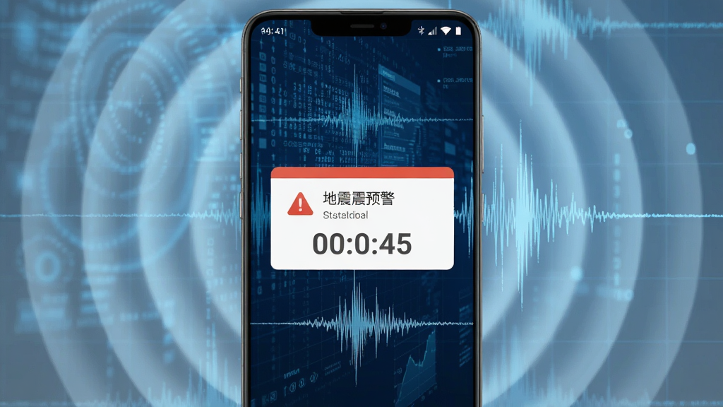 画面主体是一部竖屏安卓手机,屏幕中央显示醒目的地震预警警报弹窗,背景为深蓝色科技感数据流与地震波形线条,布局为手机居中、四周环绕淡蓝色波纹扩散效果,风格为写实科技风,细节包含手机状态栏、警报图标、倒计时数字,画质清晰干净无多余元素