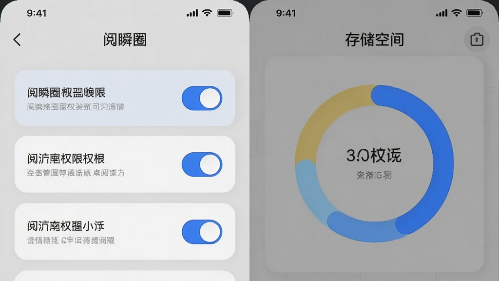 手机应用设置界面截图风格插画,画面主体为“阅瞬圈”权限管理页面,左侧为权限开关列表,右侧为存储空间环形图,布局左右分栏,风格简约商务,细节包含蓝色高亮开关、灰色说明文字、圆角卡片容器,画质清晰干净,无多余装饰
