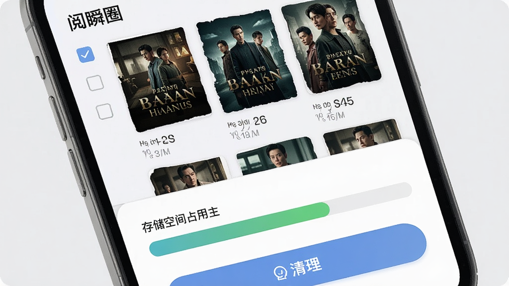 手机屏幕展示“阅瞬圈”离线缓存管理页面,画面分为上下两部分,上方为已缓存剧集缩略图网格,下方为存储空间占用条与清理按钮,布局规整清晰,风格为浅灰质感扁平设计,细节包含勾选框、容量数字、圆角按钮,画质干净锐利,无多余元素