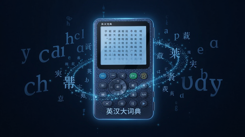 主体为一本发光的电子词典悬浮在深蓝色背景中,布局采用中心对称构图,排版上词典位于画面正中央,风格为科技感数字艺术风,细节包括词典表面流动的数据光点、周围环绕的英文字母与中文汉字元素、底部有
