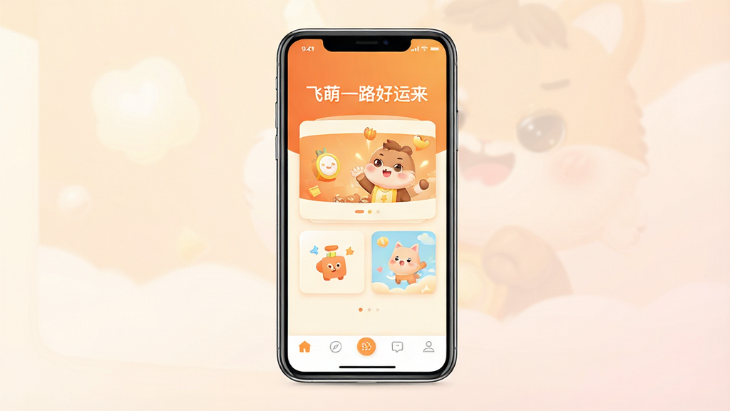 一张手机应用界面展示图,画面中央是一部竖屏智能手机,屏幕内显示“飞萌一路好运来”应用主界面,界面采用暖橙色与米白色搭配的清爽布局,顶部有应用名称“飞萌一路好运来”,中部为趣味互动卡片区域,底部为导航栏,背景为柔和的浅色渐变,整体风格清新简约、干净明亮,画质清晰细腻,无多余装饰元素