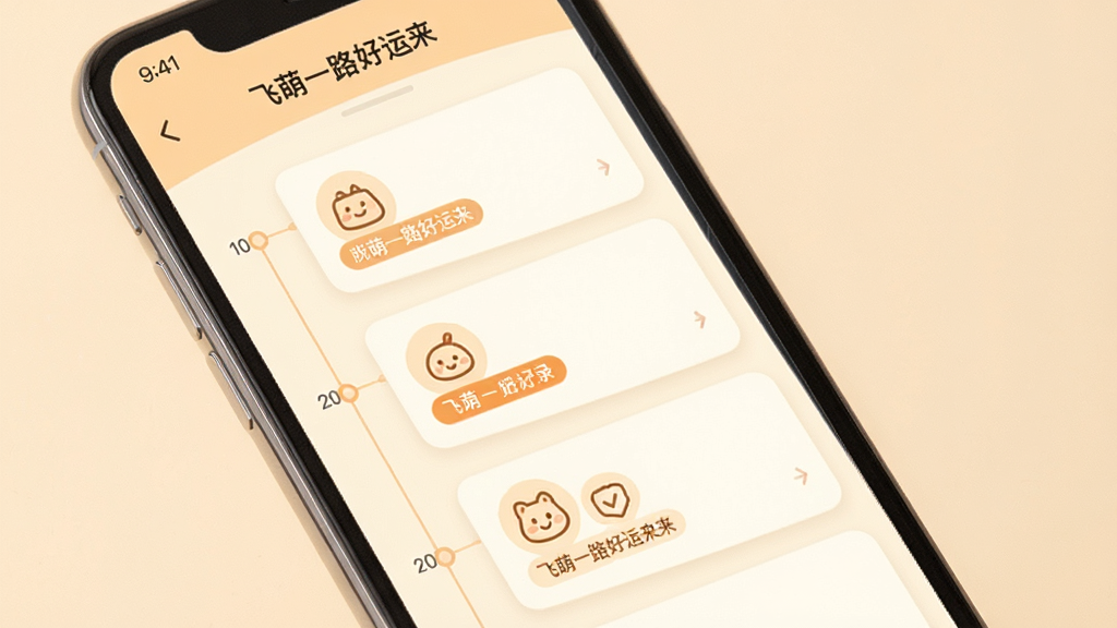 一张应用功能展示图,画面展示“飞萌一路好运来”应用中的心情记录页面,手机屏幕内呈现时间线式的心情卡片列表,每张卡片带有简约图标与暖色标签,界面采用米白与浅橙配色,布局整洁有序,背景为柔和的纯色,整体风格清新温暖,画面干净无杂乱元素,画质清晰