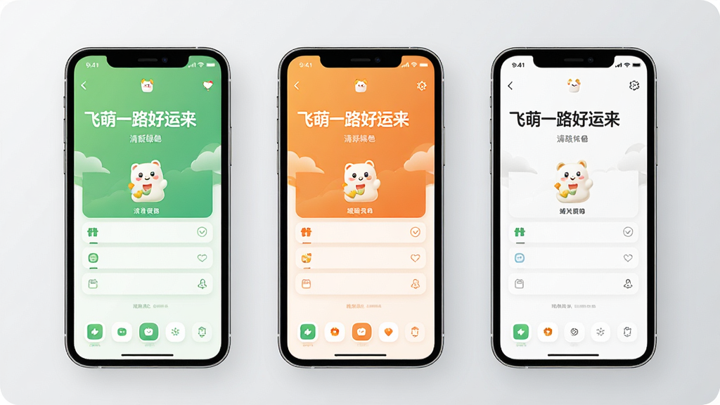 一张应用特色展示图,画面为“飞萌一路好运来”应用的多主题界面并排展示,三部手机屏幕分别呈现清新绿、暖橙、简约白三种主题风格,界面元素简洁统一,背景为浅灰色渐变,整体排版整齐,风格清爽现代,画质干净清晰,无多余装饰