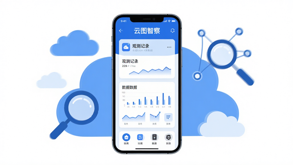 画面中央放置一部智能手机,手机屏幕上显示“云图智察”软件的主界面,界面包含观测记录卡片、数据图表与功能图标;手机周围环绕着云朵、放大镜、数据节点等抽象元素,整体采用蓝白科技配色,扁平化插画风格,布局简洁对称,细节清晰,画质干净,无多余元素,适合软件下载站展示