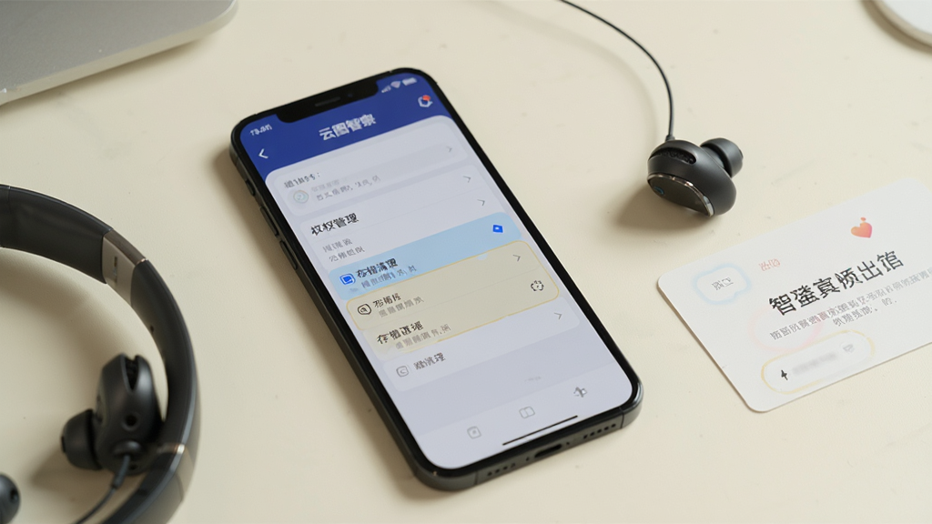 一部手机放置在桌面,屏幕显示“云图智察”的设置界面,其中权限管理与存储清理选项被高亮标注;手机旁放置一副耳机与一张提示卡片,背景为柔和米白色,风格生活化,构图自然,细节真实,画质干净清晰