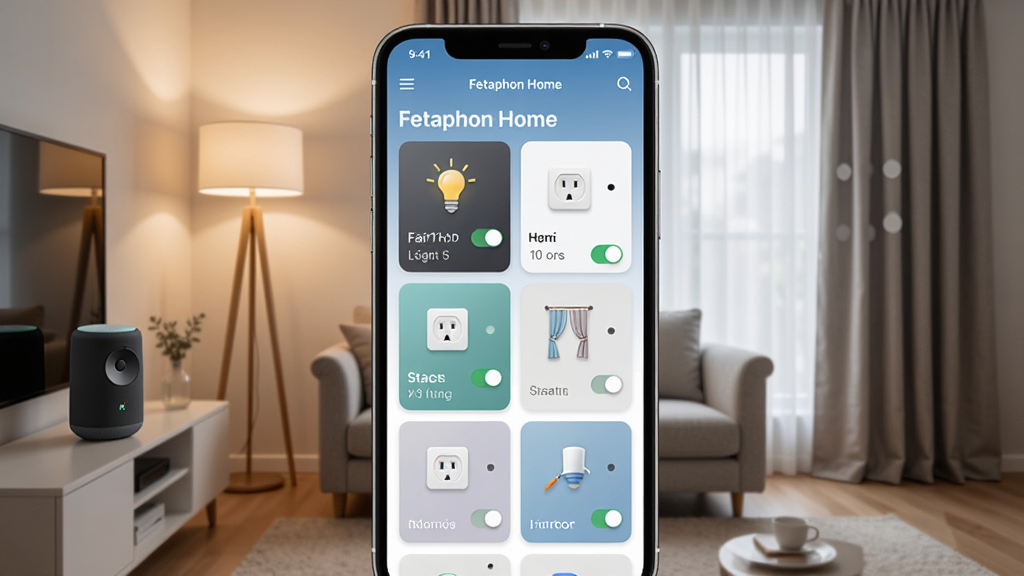 画面中央放置一部智能手机,手机屏幕上显示“Fetaphon Home”应用主界面,界面中有灯光、插座、窗帘等设备卡片整齐排列,背景是温馨的现代客厅场景,左侧有智能音箱和落地灯,右侧有智能窗帘,整体布局左右均衡,风格为清爽写实的数码产品展示风,细节包括设备图标、状态开关、房间标签,画质清晰干净,无多余元素
