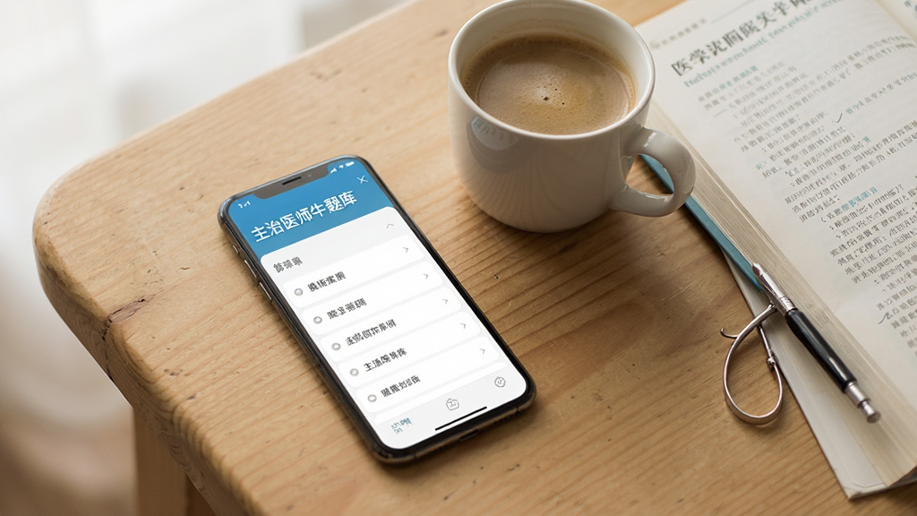 一部手机平放在木质桌面上,屏幕显示
