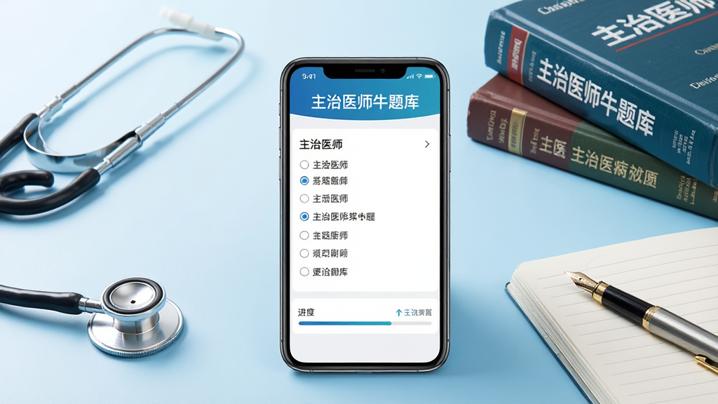 一张展示医学考试刷题场景的画面,画面中央是一部竖屏手机,手机屏幕上显示