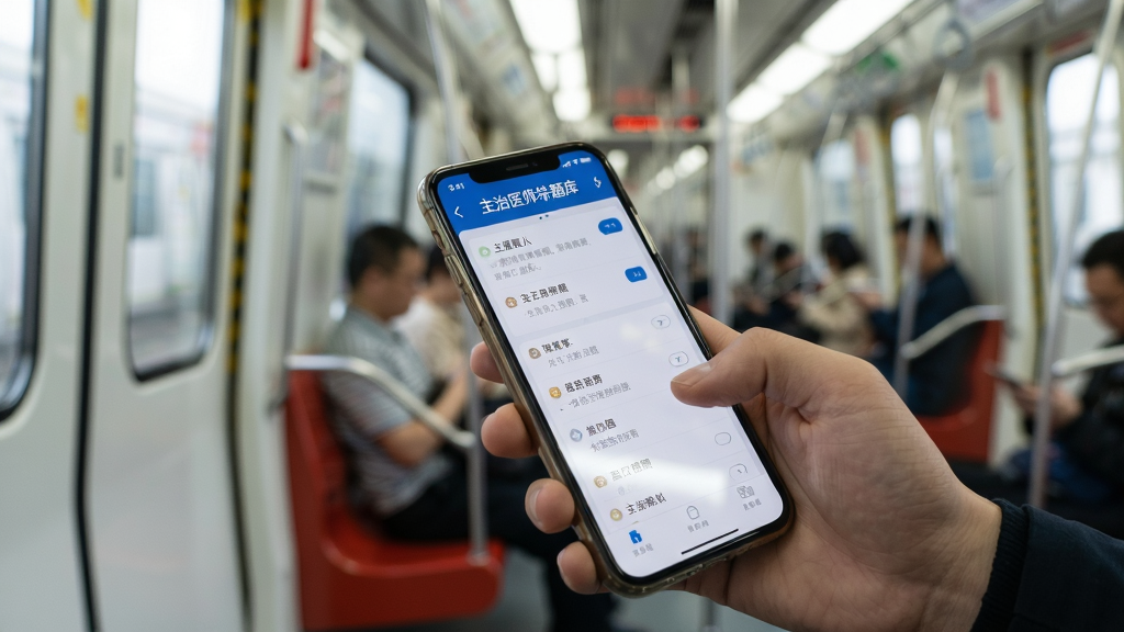 一只手拿着手机在地铁车厢内刷题,屏幕显示
