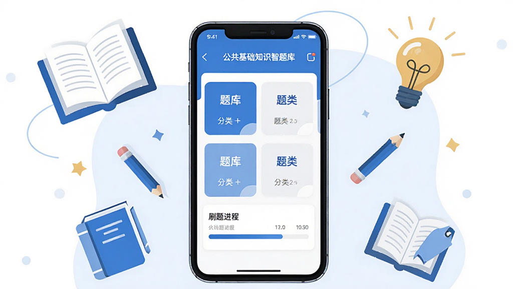 一幅手机应用界面展示图,画面中央是一部竖屏智能手机,屏幕内显示“公共基础知识智题库”APP的主页界面,包含题库分类卡片和刷题进度条,手机周围环绕着书本、铅笔、灯泡等学习元素图标,整体采用扁平化插画风格,色调以蓝色和白色为主,干净明亮,高清画质,无多余装饰