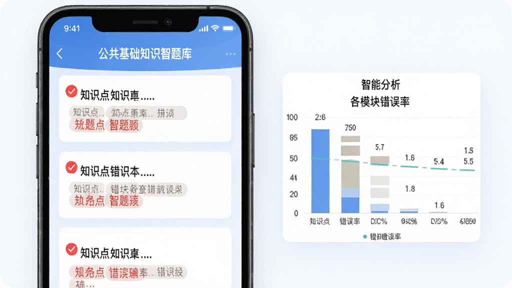 一幅手机界面示意图,展示“公共基础知识智题库”的错题本页面,屏幕上列出多道错题卡片,每张卡片带有红色标记和知识点标签,旁边配有一个智能分析图表,显示各模块错误率,整体风格为现代扁平化设计,蓝白配色,清晰直观,高清画质