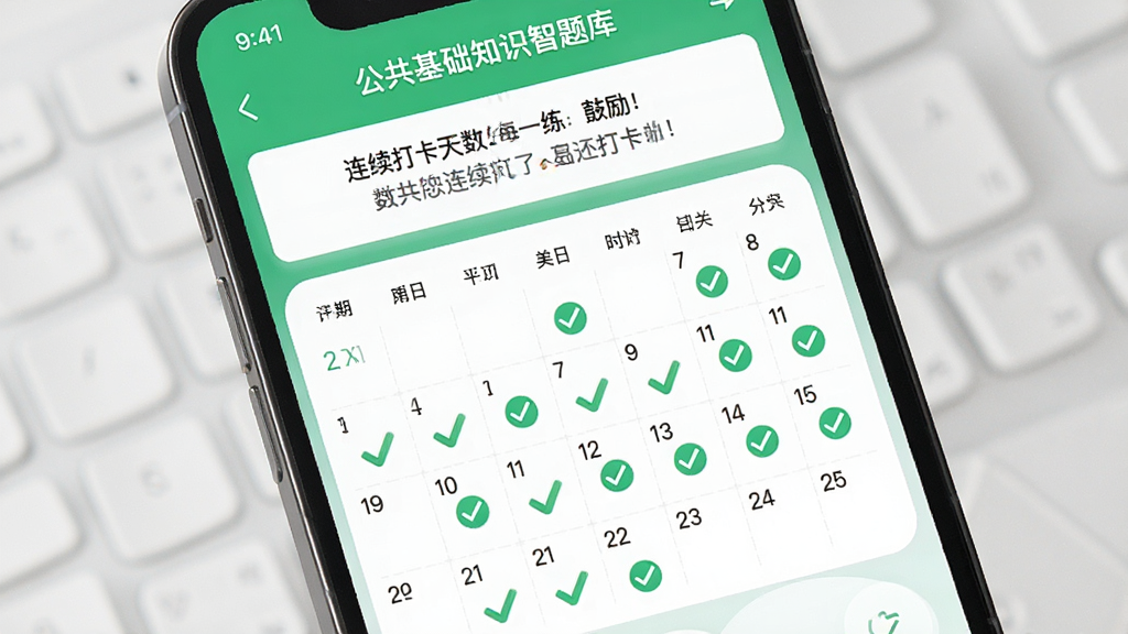 一幅日历打卡界面图,手机屏幕显示“公共基础知识智题库”每日一练打卡日历,日历上多个日期带有绿色对勾标记,顶部显示连续打卡天数和鼓励语,整体风格清新简约,绿色和白色为主色调,高清画质,无多余元素
