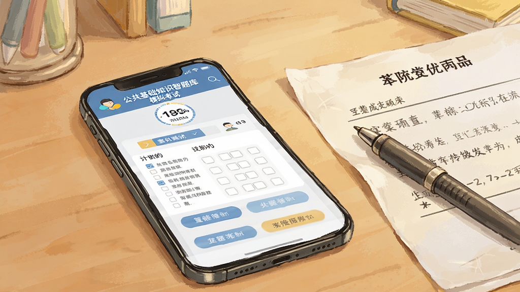 一张考试场景插画,画面中一部手机横屏显示“公共基础知识智题库”模拟考试界面,屏幕上有计时器、答题卡和选项按钮,手机旁边放着一支笔和一张成绩单,背景为书桌场景,风格写实偏插画,色调温暖,高清画质,干净整洁