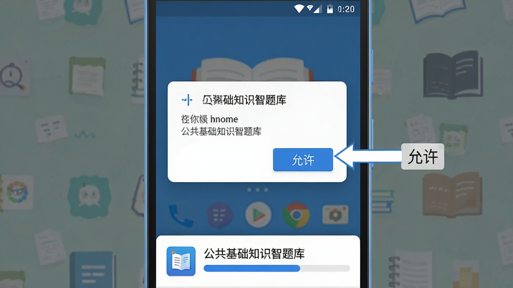 一幅手机操作示意图,画面展示一部安卓手机屏幕弹出权限设置对话框,旁边有箭头指向“允许”按钮,手机下方显示“公共基础知识智题库”安装进度条,整体风格为扁平化UI插画,蓝色调为主,清晰直观,高清画质,无杂乱背景
