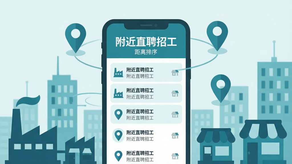 一张以城市街区为背景的插画,中心为手机界面,界面上显示“附近直聘招工”字样与距离排序的岗位列表,周围环绕定位图标与工厂、店铺剪影,蓝绿色调,扁平化风格,排版整齐,画质干净