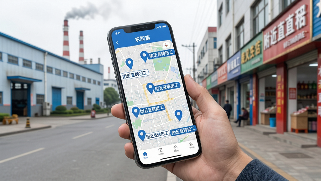 手机屏幕中展示一张城市地图,地图上分布多个定位标记,每个标记旁有“附近直聘招工”文字标签,界面采用蓝白配色,求职者手持手机站在街边查看,背景为工厂与商铺林立的街区,风格写实清新,细节清晰,画质干净无多余元素