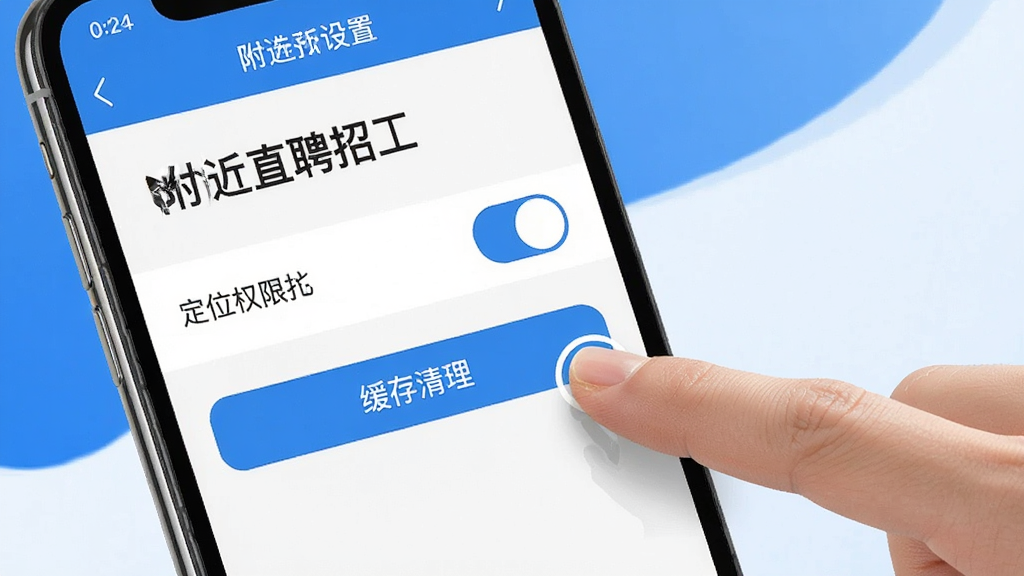 手机界面展示“附近直聘招工”设置页面,包含定位权限开关与缓存清理按钮,旁边有手指点击操作示意,背景简洁,蓝白配色,风格写实,画质清晰干净