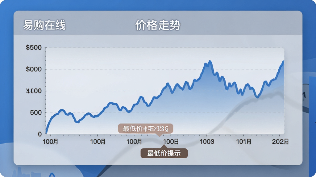 “易购在线”价格走势页面展示,屏幕中央为一条起伏的价格曲线图,横轴为日期,纵轴为金额,曲线下方标注最低价提示,界面采用简洁卡片式设计,蓝灰配色,画质干净,无多余元素