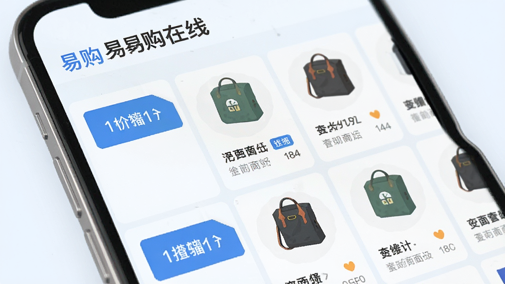 “易购在线”应用界面特写,屏幕中显示多个电商平台的商品列表并排对比,左侧为价格标签,右侧为商品缩略图,整体布局清晰有序,采用浅色背景与蓝色点缀,扁平插画风格,画质干净,无多余元素