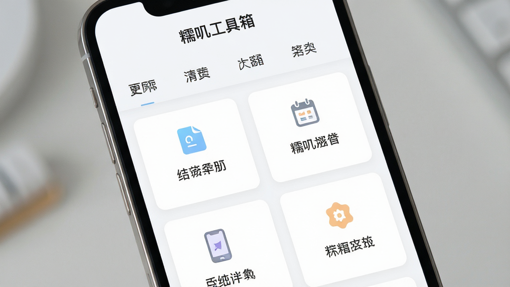 一部手机展示工具分类导航界面,顶部为分类标签栏,下方为功能卡片列表,卡片带有简洁图标与说明文字,整体排版留白充足,风格为清爽浅色系UI设计,细节清晰,画质干净,界面上方显示