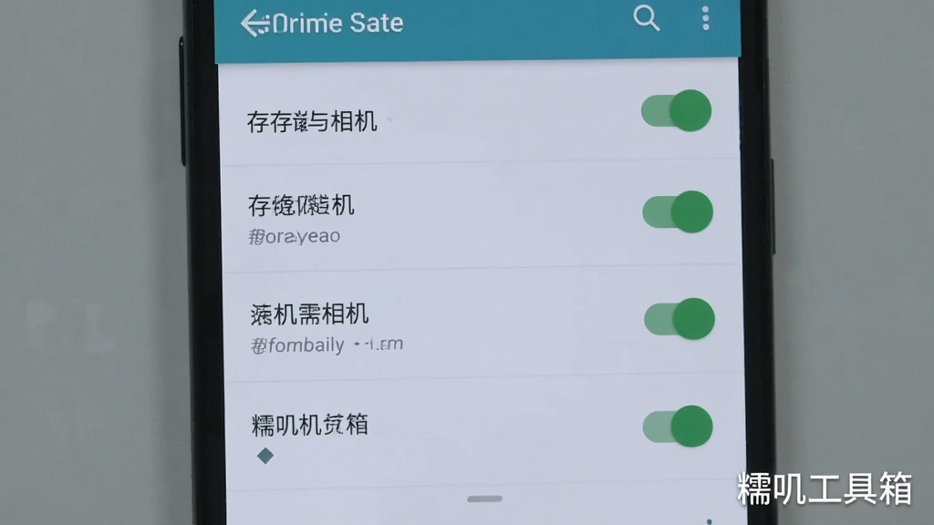 一部安卓手机屏幕显示应用权限管理设置页面,页面中列有多项权限开关,其中存储与相机权限处于开启状态,界面布局清晰,风格为系统设置类扁平UI,色调冷静克制,细节准确,画质清晰,画面标注