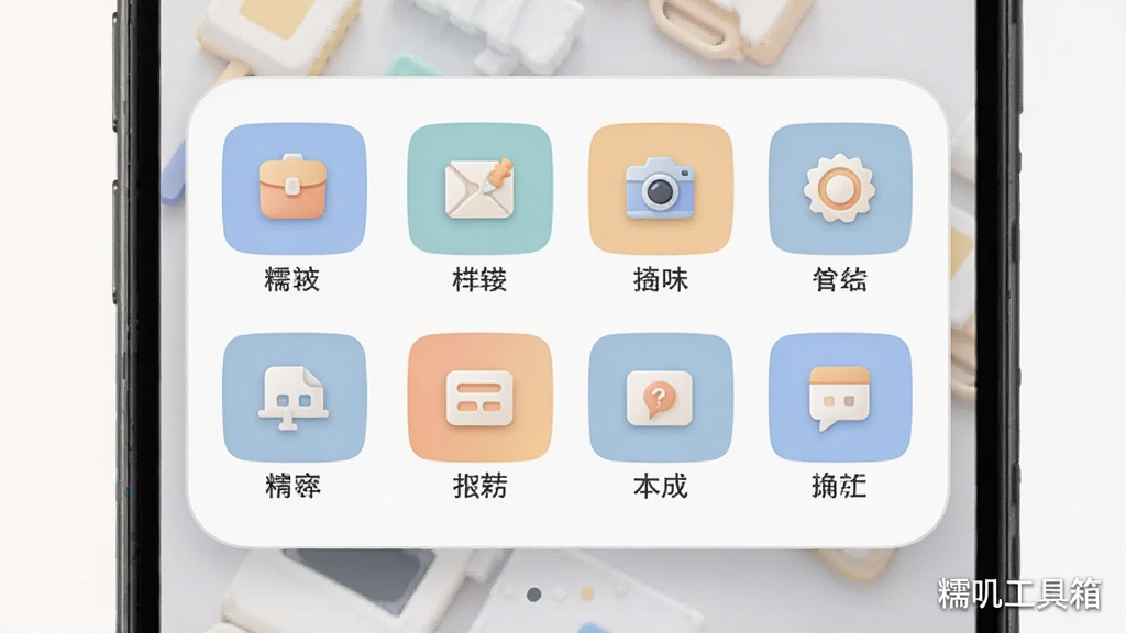 手机屏幕中一个圆角矩形工具箱面板,面板内以网格形式排列多个功能模块图标,每个图标下方配有简短文字标签,整体色调柔和统一,布局对称整齐,风格为现代扁平插画,细节精致,画质高清,画面角落标注