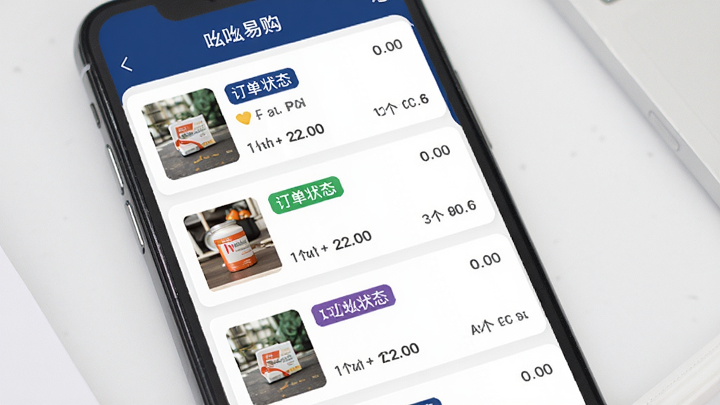 画面主体为“吆吆易购”应用订单管理界面,手机屏幕中展示订单卡片列表,每张卡片包含商品缩略图、订单状态标签与时间信息;布局为纵向列表,风格为简洁商务风,配色以白色与深蓝色为主,细节上突出状态标签的颜色区分,画质清晰干净,无多余元素