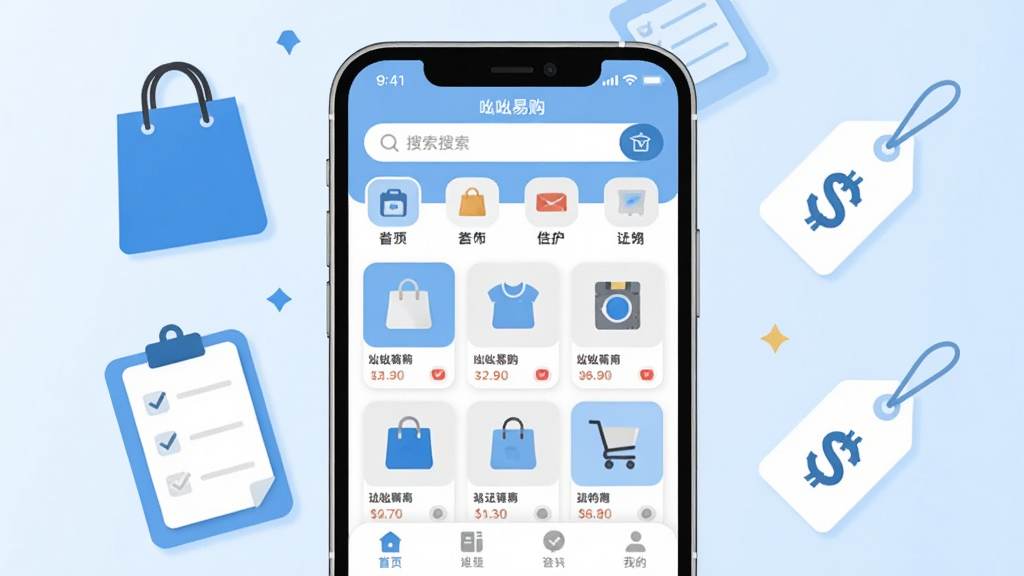 画面主体为一部竖屏智能手机,屏幕中央展示“吆吆易购”应用首页界面,布局上方为搜索框与分类图标,中部为商品卡片网格,底部为导航栏;手机周围环绕购物袋、清单、价格标签等简约扁平化元素,整体采用浅蓝与白色为主的清爽配色,风格为现代电商UI展示风,细节上突出卡片圆角与图标层次,画质清晰干净,无多余装饰元素