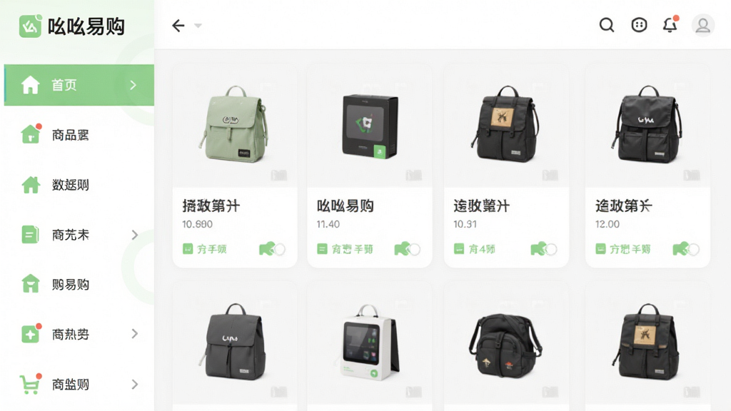画面主体为“吆吆易购”应用内的商品分类页面,左侧为竖向分类导航栏,右侧为商品缩略图网格,布局规整;风格为扁平化电商界面展示,配色以白色与浅绿色为主,细节上突出分类图标与商品卡片间距,画质清晰干净,无多余元素