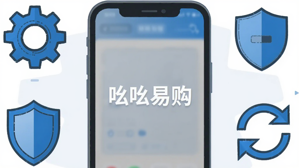 画面主体为一部手机屏幕展示“吆吆易购”应用运行状态,屏幕旁配有齿轮、盾牌与刷新箭头图标,象征设置、安全与优化;布局为手机居中、图标环绕,风格为扁平化科技插画风,配色以蓝色与灰色为主,细节上突出图标线条简洁,画质清晰干净,无多余元素