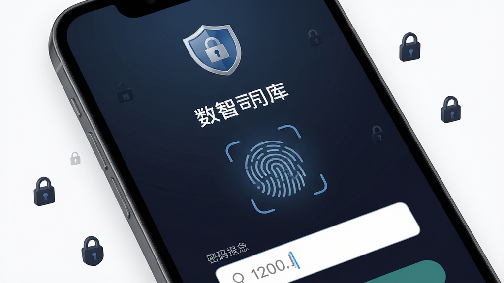 画面主体为手机屏幕特写,显示“数智司库”安全登录界面,屏幕中央有指纹识别图标与密码输入框,界面顶部有盾牌形安全标识;手机背景为深色渐变,周围有细小的锁形图标点缀;风格稳重安全,布局简洁,细节清晰,画质干净,无多余元素