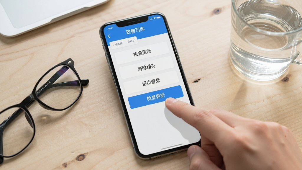 画面主体为一部手机屏幕显示“数智司库”应用设置页面,页面上有“检查更新”“清除缓存”“退出登录”等选项按钮,手指正点击“检查更新”按钮;手机放置在浅色桌面,旁边有一副眼镜和一杯水;风格生活化办公场景,布局自然,细节清晰,画质干净,无多余元素