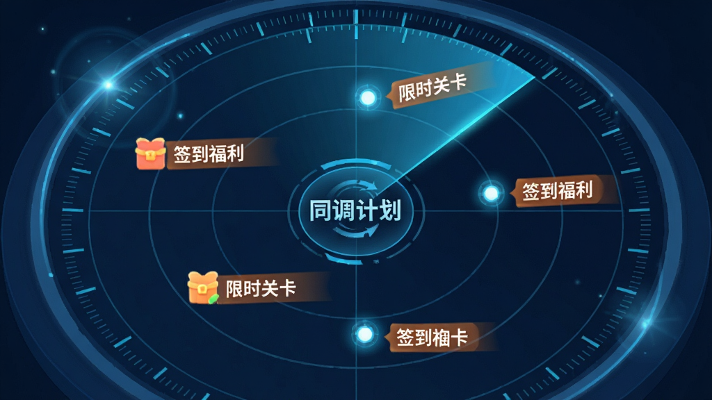一个圆形雷达扫描界面,雷达屏幕上有多个闪烁的光点,每个光点旁标注活动名称标签如