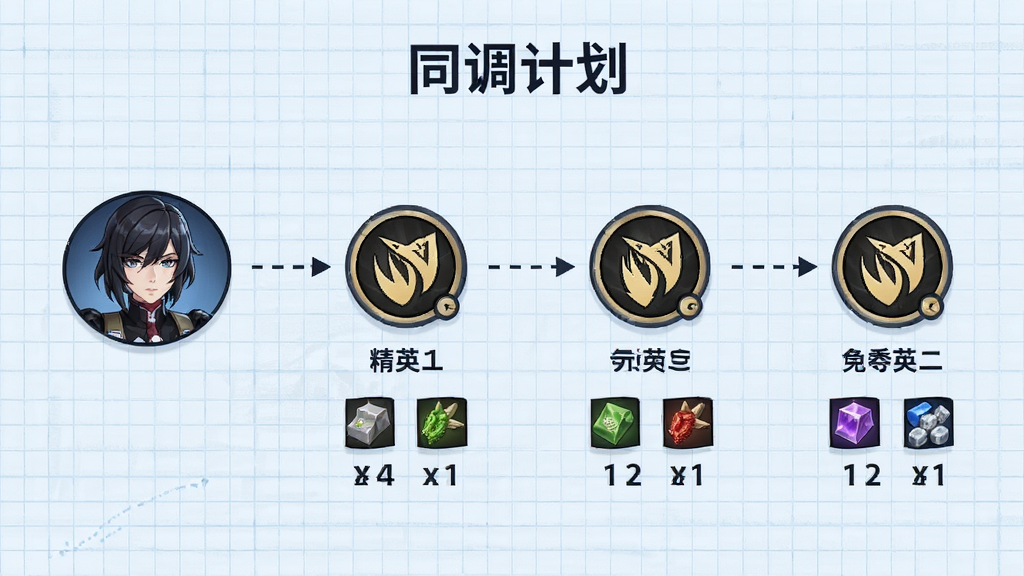 一张横向展开的干员培养路线图,左侧为干员初始头像,向右依次排列精英一、精英二、技能专精三的节点图标,每个节点下方标注所需材料图标和数量,路线图上方有