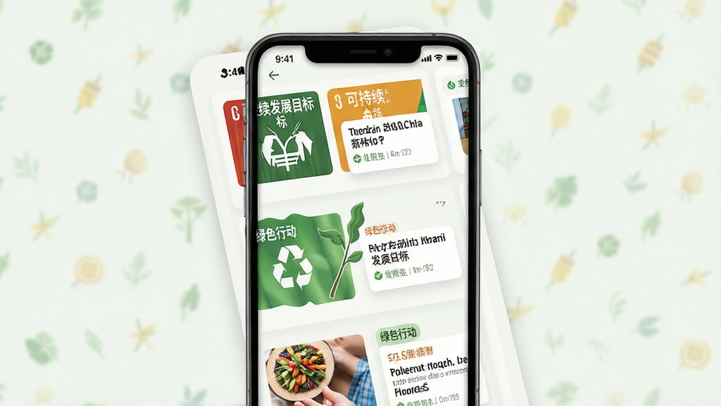 可持续发展平台资讯页面展示,手机屏幕内呈现分类清晰的资讯卡片列表,卡片上有“可持续发展目标”“绿色行动”等文字标签,背景为浅色,界面整洁,扁平化UI风格,细节清晰,高清画质,画面干净无冗余元素