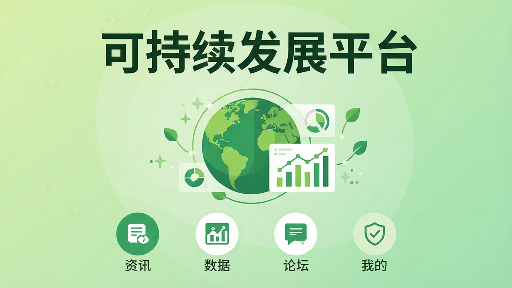 可持续发展平台软件主界面,居中展示绿色地球与数据图表组合的启动画面,上方用大号字体写“可持续发展平台”,下方排列资讯、数据、论坛、我的四个圆形功能图标,浅绿色渐变背景,扁平化设计风格,画面干净整洁,高清画质,无多余装饰元素