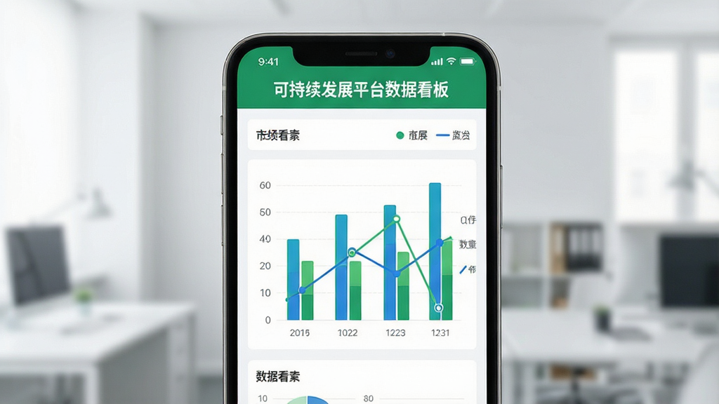 可持续发展平台数据看板界面,手机屏幕内展示柱状图与折线图组合的数据面板,图表配色为绿色与蓝色,顶部写“可持续发展平台数据看板”,界面布局清晰,扁平化设计,细节精致,高清画质,画面干净