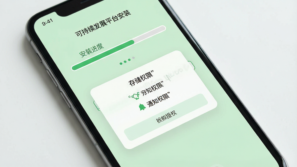 可持续发展平台安装引导界面,手机屏幕展示安装进度条与权限授权弹窗,弹窗文字含“存储权限”“通知权限”,背景为浅绿色,界面简洁,扁平化设计,细节清晰,高清画质,画面干净无多余元素
