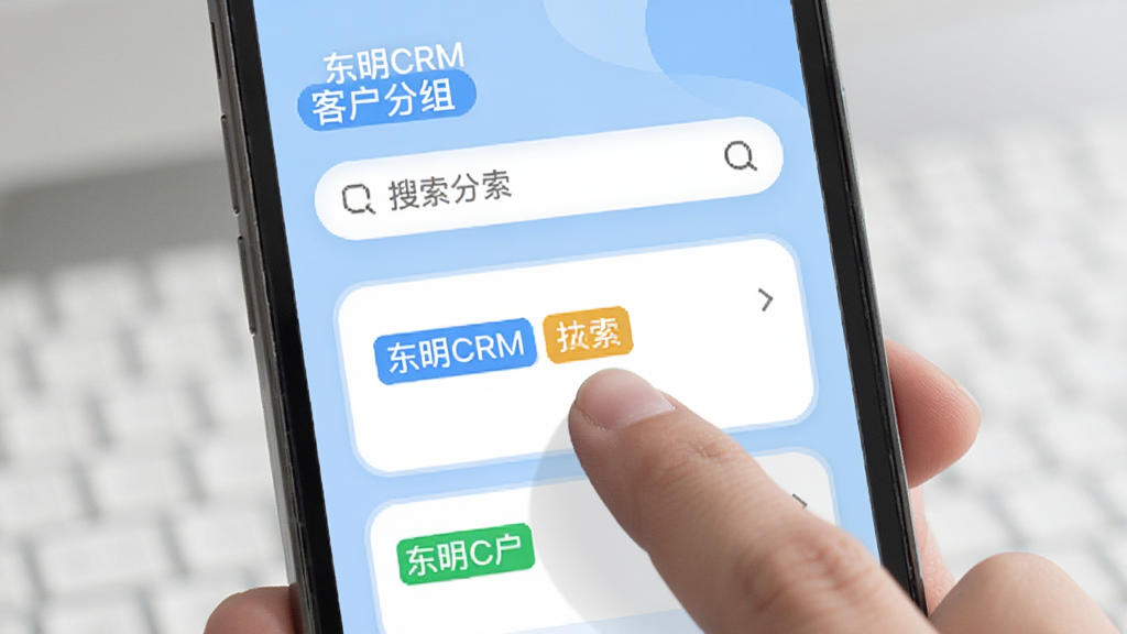 画面主体为一只手在手机屏幕上点击客户卡片的特写,布局为手机界面占据画面中央,排版突出“东明CRM”客户分组标签与搜索框,风格为清新商务,细节包含淡蓝色背景、圆角卡片、标签色块,画质清晰,画面干净,无多余元素