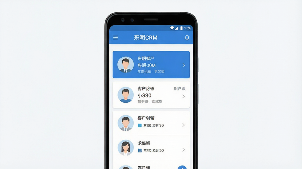 一张展示东明CRM软件界面的手机样机图,主体为居中放置的安卓手机,屏幕内呈现客户列表与跟进记录页面,布局简洁清晰,排版上方为软件名称“东明CRM”字样,风格为现代商务扁平化,细节包含蓝色主色调、卡片式客户信息、圆形头像图标,画质高清,画面干净,无多余元素