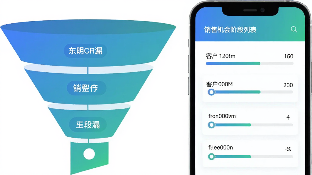 一张以销售漏斗为视觉元素的插画,主体为手机屏幕中展示“东明CRM”销售机会阶段列表,布局为纵向排列的阶段标签与客户数量,排版左侧为漏斗图形、右侧为手机界面,风格为简约商务,细节包含蓝绿渐变配色、进度条、圆形节点,画质高清,画面干净,无多余元素