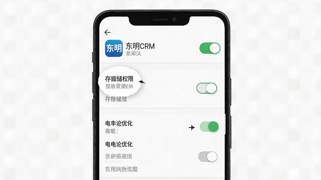 一张展示手机应用权限设置界面的示意图,主体为安卓系统权限管理页面,布局为居中手机屏幕,排版突出存储权限与电池优化选项开关,风格为清爽简约,细节包含“东明CRM”应用图标、绿色开关按钮、权限列表文字,画质高清,画面干净,无多余元素