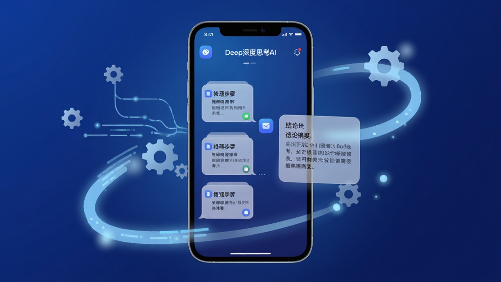 一款名为“Deep深度思考AI”的手机应用界面展示,主体为深蓝色渐变背景的智能手机正视图,屏幕中央是对话式分析界面,左侧显示推理步骤卡片,右侧显示结论摘要,布局上手机居中、四周环绕淡蓝色数据流线条与齿轮图标,排版简洁清晰,风格为科技感扁平化UI展示,细节包含圆角图标、半透明卡片、柔和光晕,画质高清、干净、无多余元素