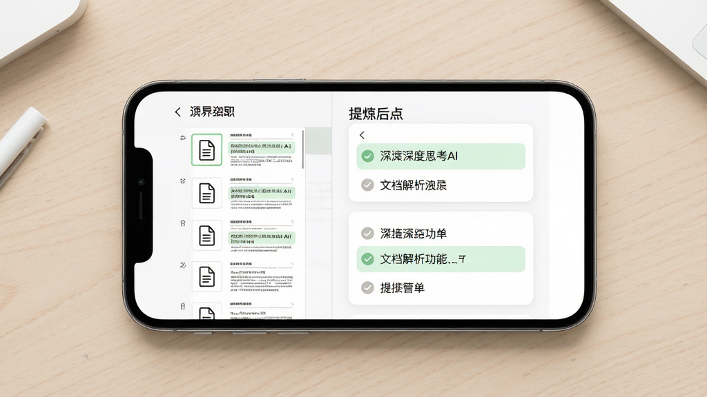 “Deep深度思考AI”长文档解析功能示意图,主体为一部手机屏幕,屏幕内左侧是一份多页文档缩略图列表,右侧是提炼后的要点清单卡片,布局为左右分栏、手机居中放置于浅色桌面背景上,排版整齐、留白充足,风格为清爽办公风,细节包含文档图标、勾选标记、淡绿色高亮,画质高清、干净、无多余元素