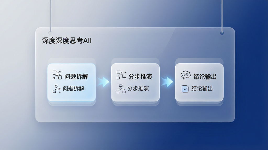 “Deep深度思考AI”软件功能展示图,主体为一块悬浮的半透明分析面板,面板上分层排列“问题拆解”“分步推演”“结论输出”三个横向卡片,卡片之间用发光箭头连接,布局为面板居中、背景为浅灰到深蓝的渐变,排版左对齐、层次分明,风格为现代商务科技风,细节包含细线图标、淡蓝高亮、圆角矩形,画质高清、干净、无多余元素